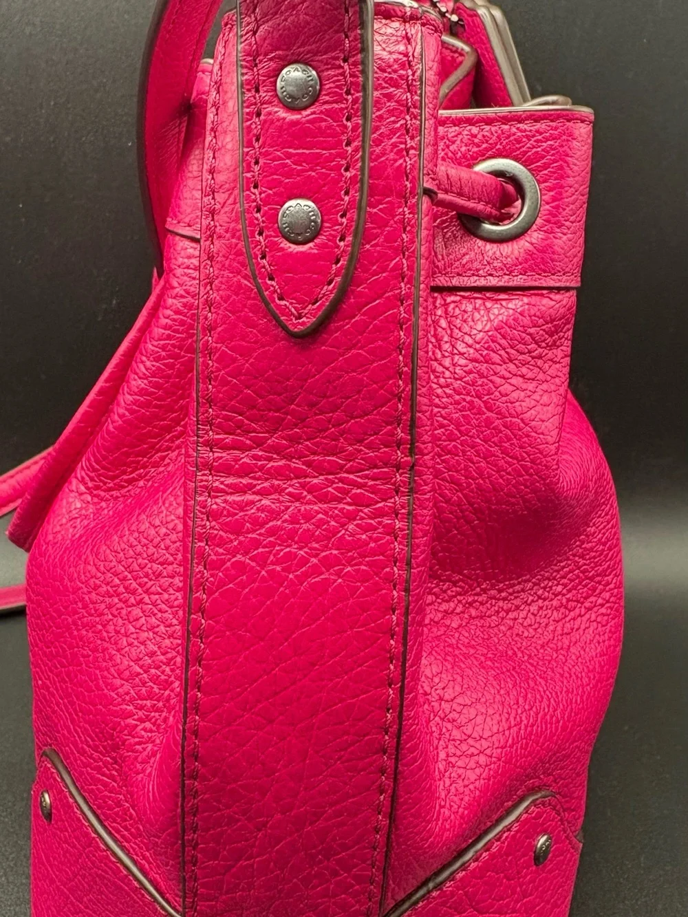 Coach Mickie Fuchsia Pebbled Leather Drawstring Crossbody Bag